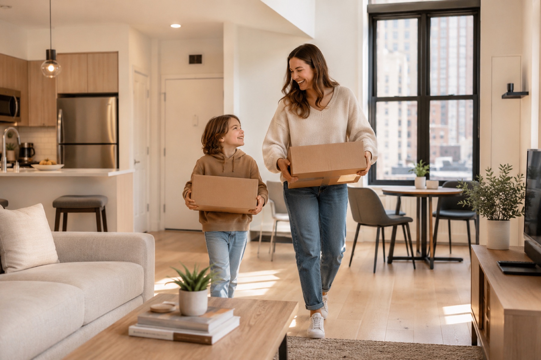 Family moving into a furnished Broadline apartment