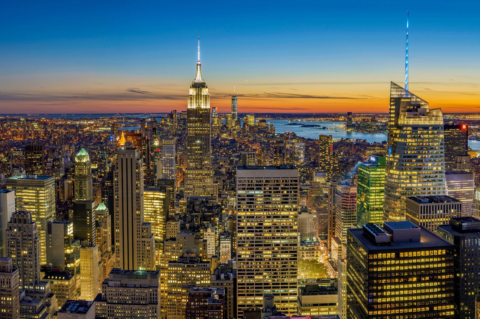 New York City skyline at dusk